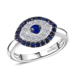 D'Joy Passport to Turkey Kanchanaburi Blue Sapphire and White Zircon 0.90 ctw Eveil Eye Ring in Rhodium Over Sterling Silver (Size 6.0)