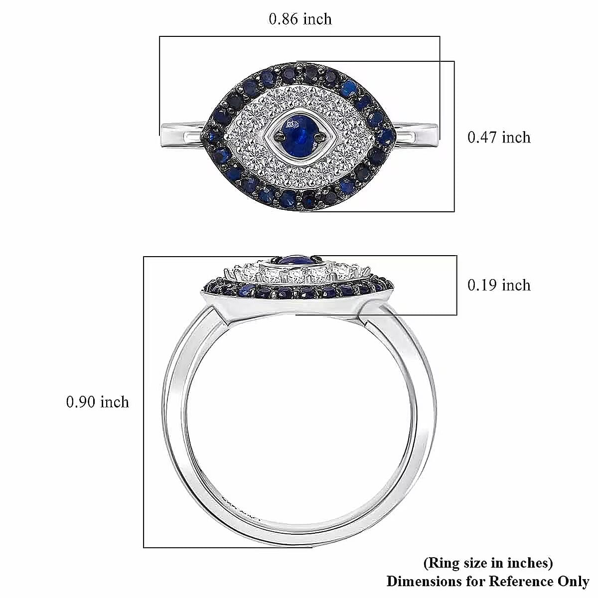 D'Joy Passport to Turkey Kanchanaburi Blue Sapphire and White Zircon 0.90 ctw Evil Eye Ring in Rhodium Over Sterling Silver (Size 8.0) image number 6