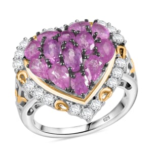 Ilakaka Hot Pink Sapphire (FF) and White Zircon 4.60 ctw Blushing Heart Ring in 18K Vermeil YG and Rhodium Over Sterling Silver (Size 10.0)