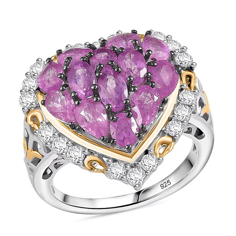D'Joy Ilakaka Hot Pink Sapphire (FF) and White Zircon 4.60 ctw Blushing Heart Ring in 18K Vermeil YG and Rhodium Over Sterling Silver (Size 10.0)
