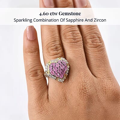 D'Joy Ilakaka Hot Pink Sapphire (FF) and White Zircon 4.60 ctw Blushing Heart Ring in 18K Vermeil YG and Rhodium Over Sterling Silver (Size 10.0)
