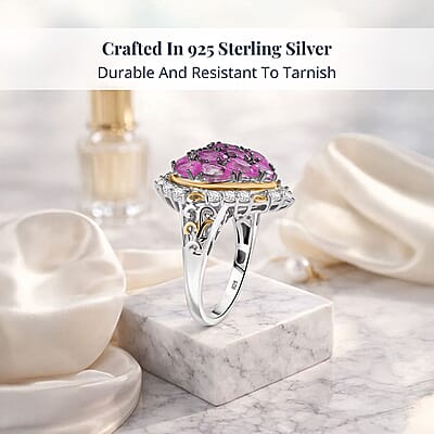 D'Joy Ilakaka Hot Pink Sapphire (FF) and White Zircon 4.60 ctw Blushing Heart Ring in 18K Vermeil YG and Rhodium Over Sterling Silver (Size 10.0)