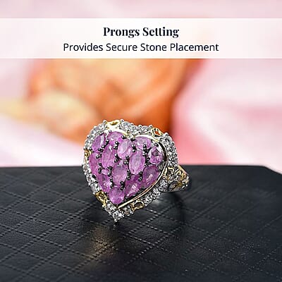 D'Joy Ilakaka Hot Pink Sapphire (FF) and White Zircon 4.60 ctw Blushing Heart Ring in 18K Vermeil YG and Rhodium Over Sterling Silver (Size 10.0)
