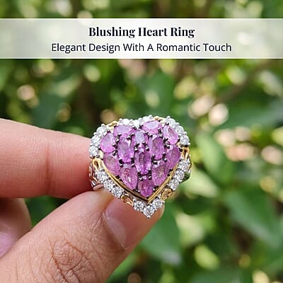 D'Joy Ilakaka Hot Pink Sapphire (FF) and White Zircon 4.60 ctw Blushing Heart Ring in 18K Vermeil YG and Rhodium Over Sterling Silver (Size 10.0)