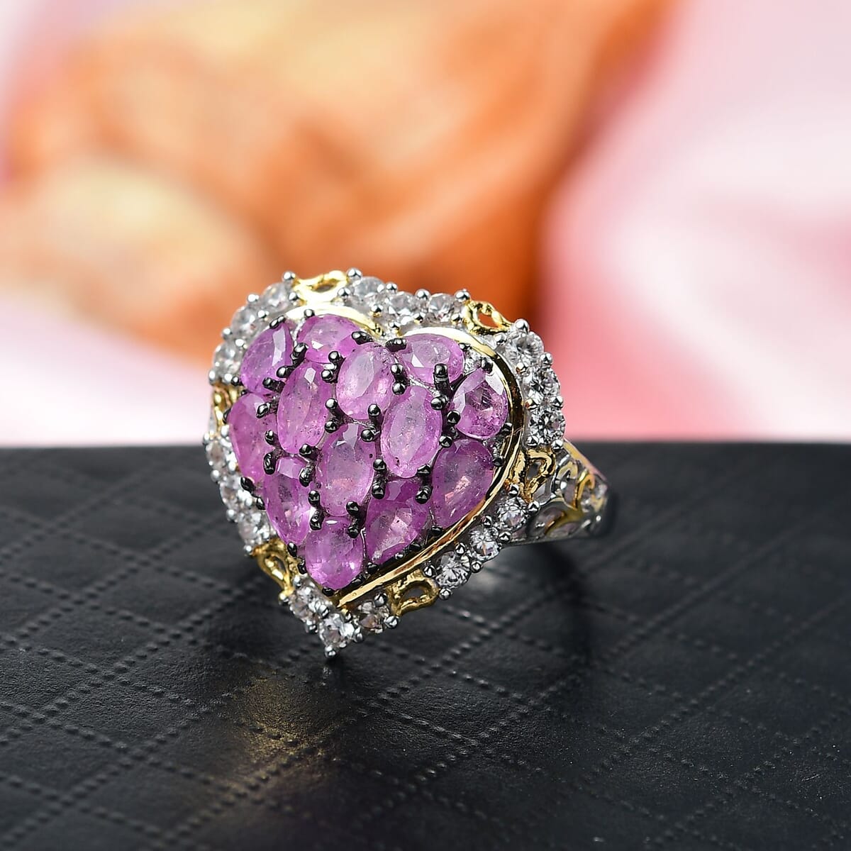 Ilakaka Hot Pink Sapphire (FF) and White Zircon 4.60 ctw Blushing Heart Ring in 18K Vermeil YG and Rhodium Over Sterling Silver (Size 5.0) image number 1