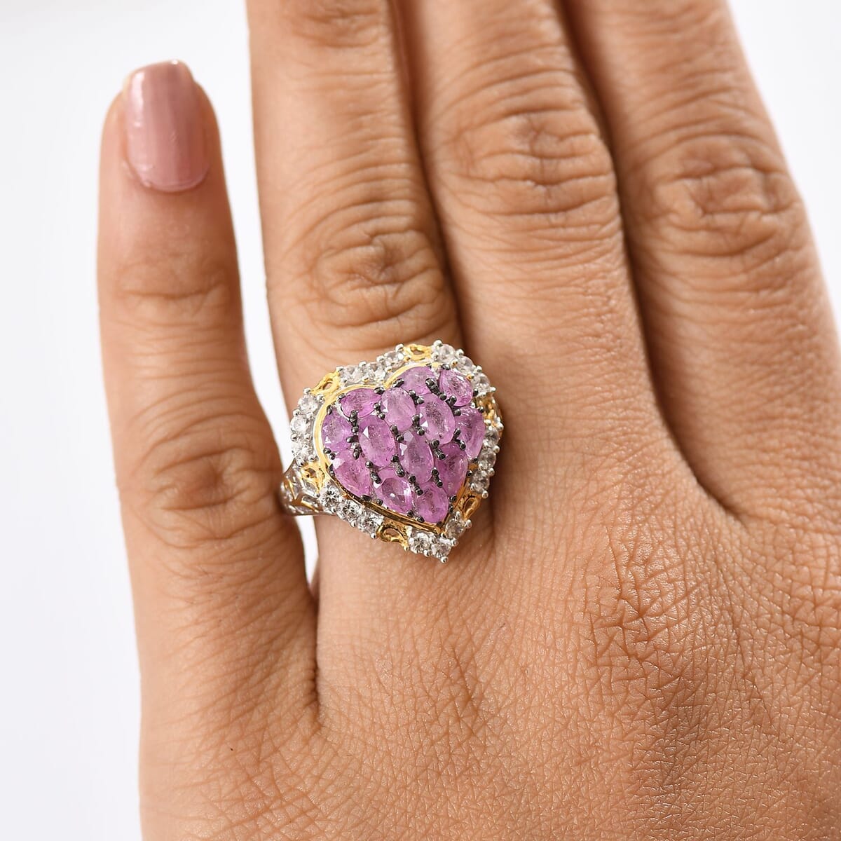 Ilakaka Hot Pink Sapphire (FF) and White Zircon 4.60 ctw Blushing Heart Ring in 18K Vermeil YG and Rhodium Over Sterling Silver (Size 5.0) image number 2