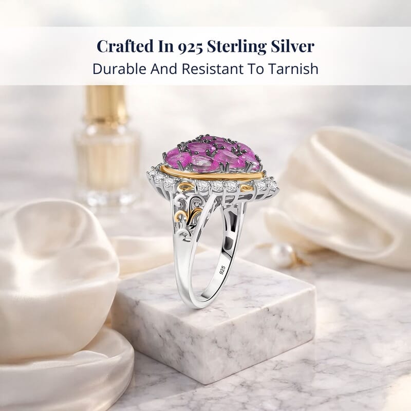 D'Joy Ilakaka Hot Pink Sapphire (FF) and White Zircon 4.60 ctw Blushing Heart Ring in 18K Vermeil YG and Rhodium Over Sterling Silver (Size 5.0)