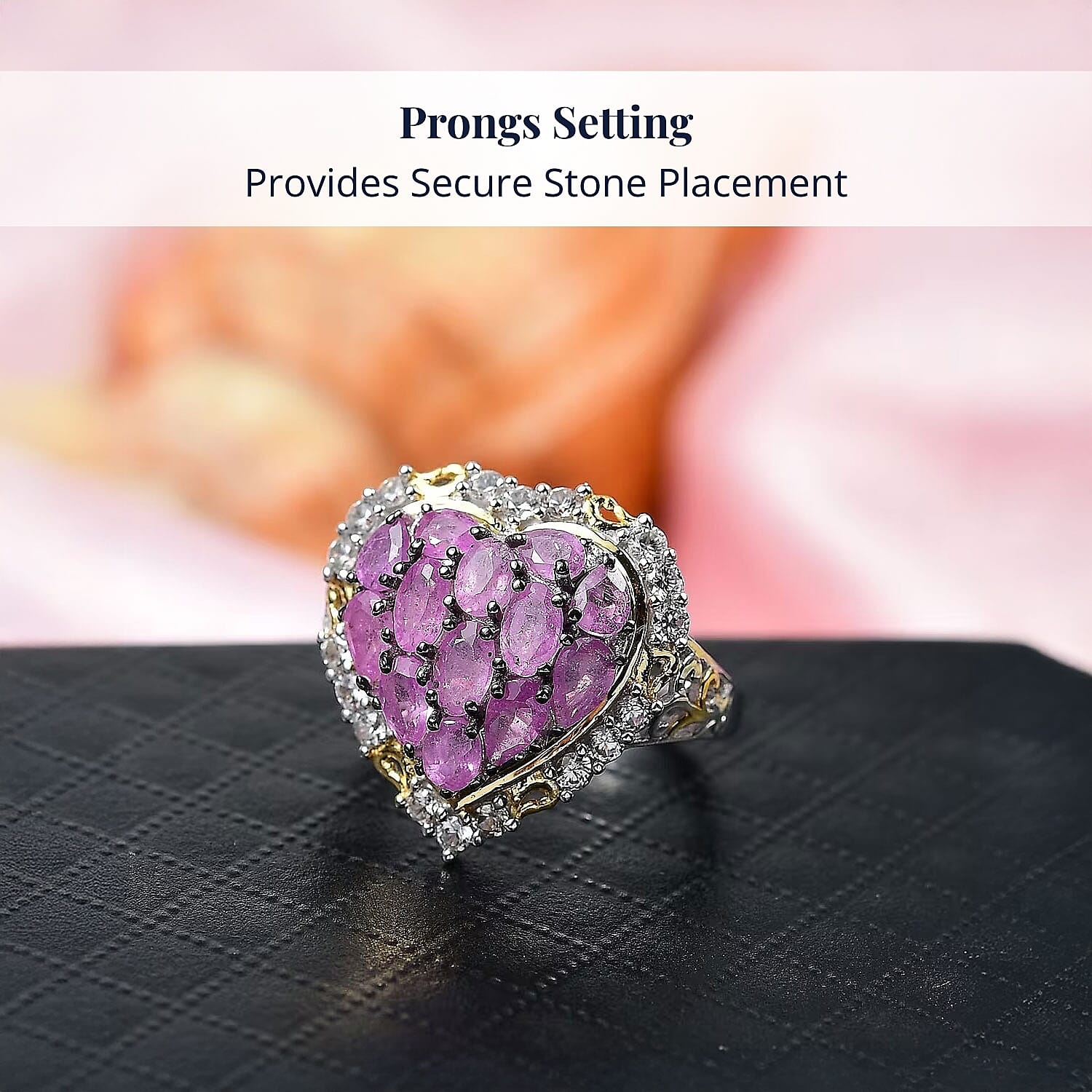 D'Joy Ilakaka Hot Pink Sapphire (FF) and White Zircon 4.60 ctw Blushing Heart Ring in 18K Vermeil YG and Rhodium Over Sterling Silver (Size 5.0)