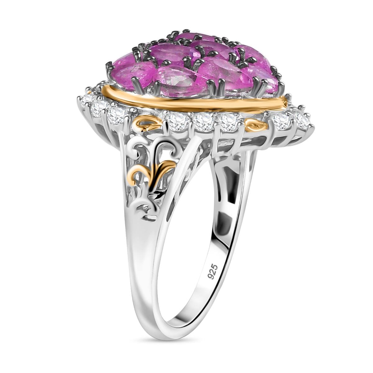 Ilakaka Hot Pink Sapphire (FF) and White Zircon 4.60 ctw Blushing Heart Ring in 18K Vermeil YG and Rhodium Over Sterling Silver (Size 5.0) image number 3