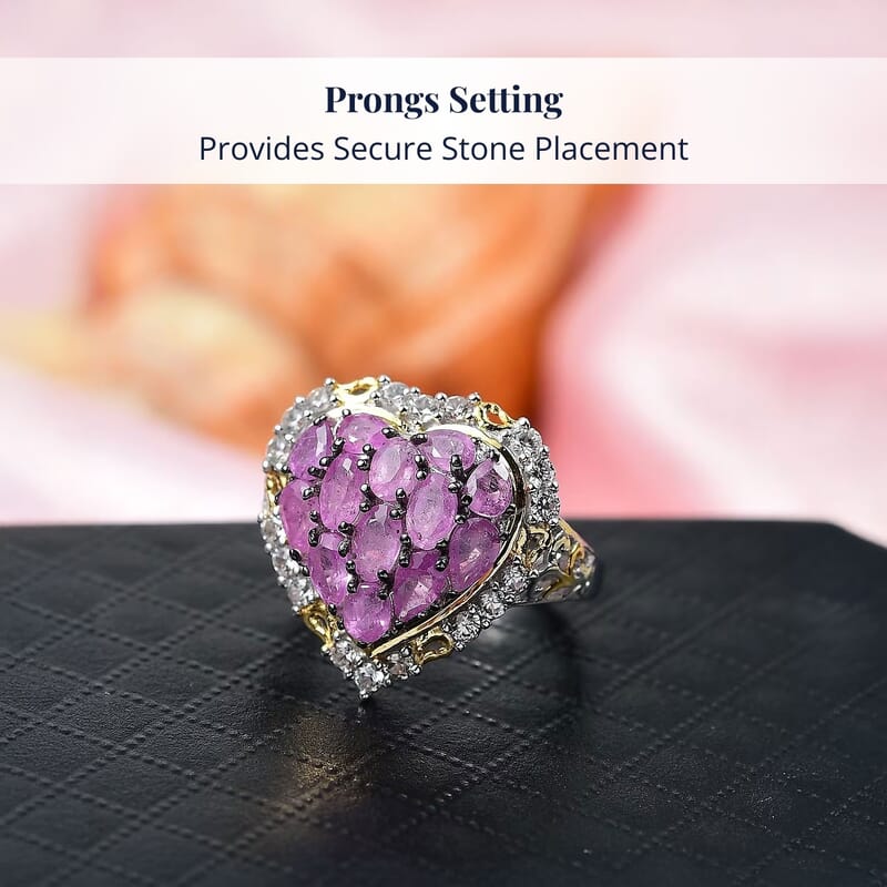 D'Joy Ilakaka Hot Pink Sapphire (FF) and White Zircon 4.60 ctw Blushing Heart Ring in 18K Vermeil YG and Rhodium Over Sterling Silver (Size 5.0)