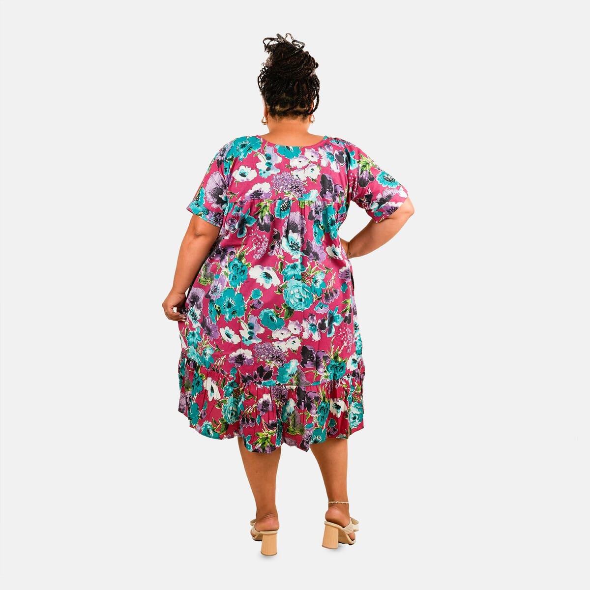 CW CLASSICS Fuchsia Floral Ruffle Cotton Blend Midi Dress - L image number 1