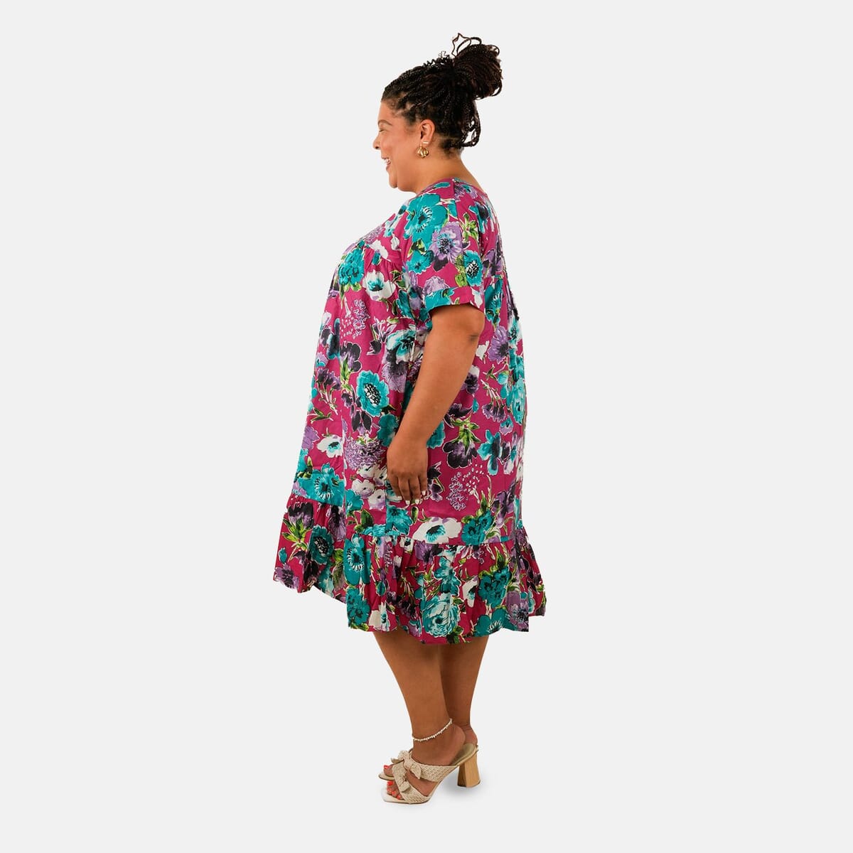 CW CLASSICS Fuchsia Floral Ruffle Cotton Blend Midi Dress - XL image number 2
