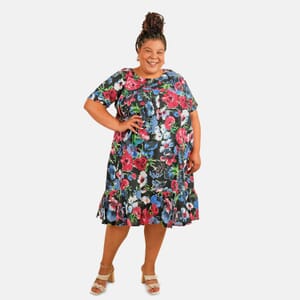CW CLASSICS Black Floral Ruffle Cotton Blend Midi Dress - 2X