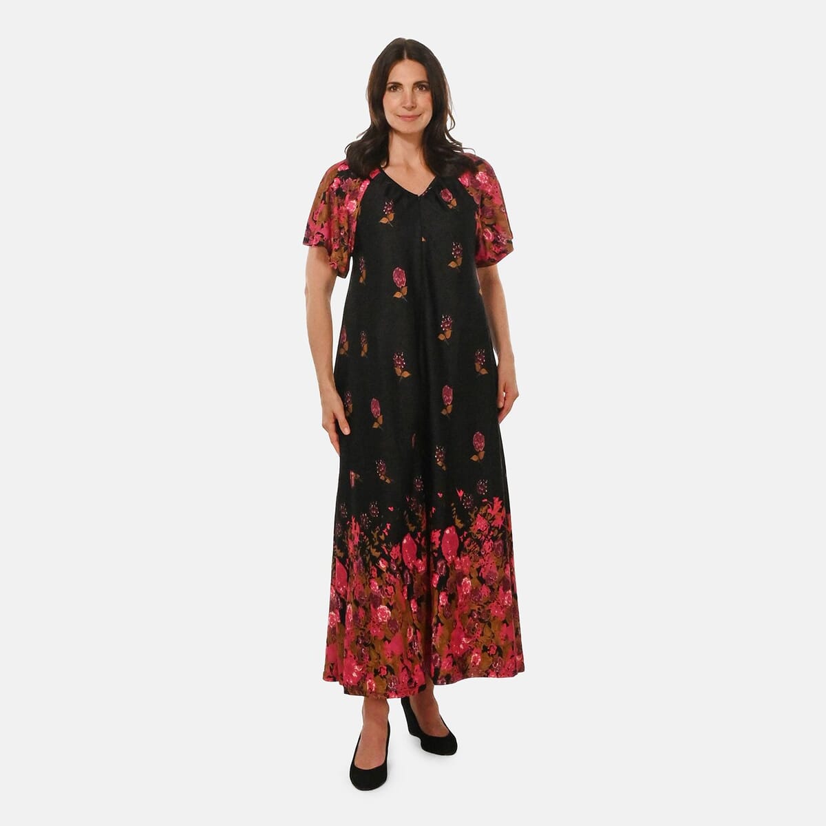Easy Essentials Black Floral Knit Zip Front Lounge Dress - L image number 0