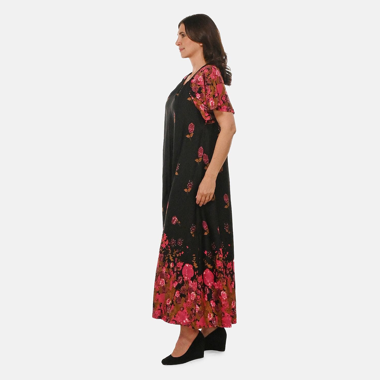Easy Essentials Black Floral Knit Zip Front Lounge Dress - L