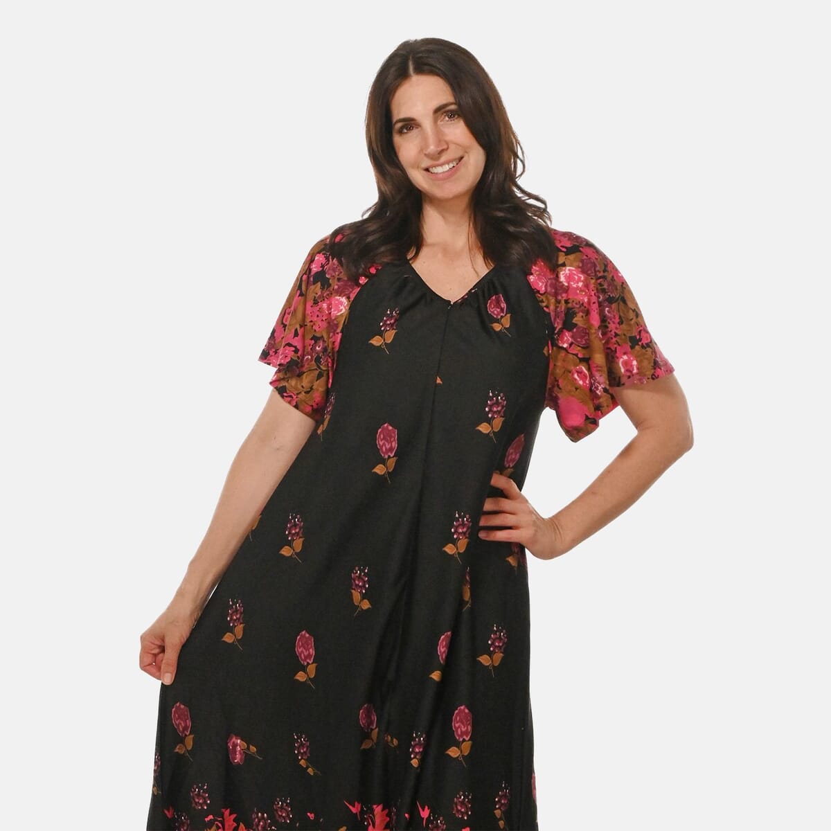 Easy Essentials Black Floral Knit Zip Front Lounge Dress - L image number 4
