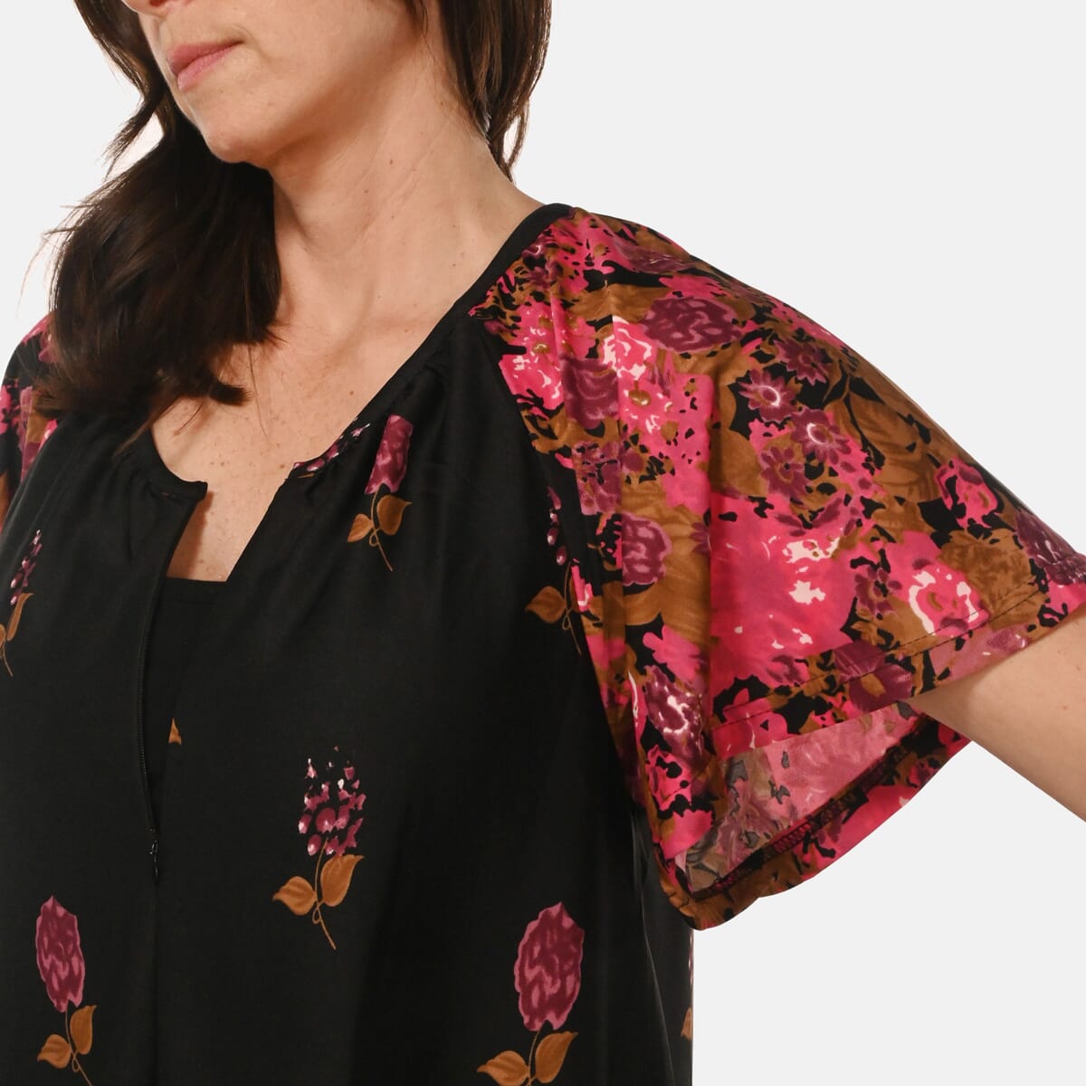 Easy Essentials Black Floral Knit Zip Front Lounge Dress - L image number 6