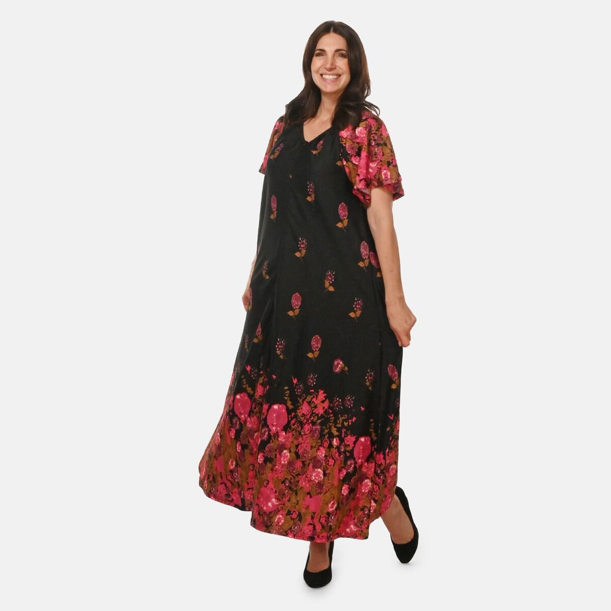 Easy Essentials Black Floral Knit Zip Front Lounge Dress - 3X image number 3