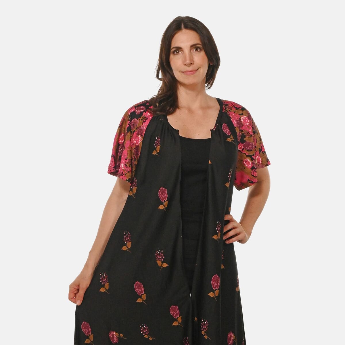 Easy Essentials Black Floral Knit Zip Front Lounge Dress - 3X image number 5