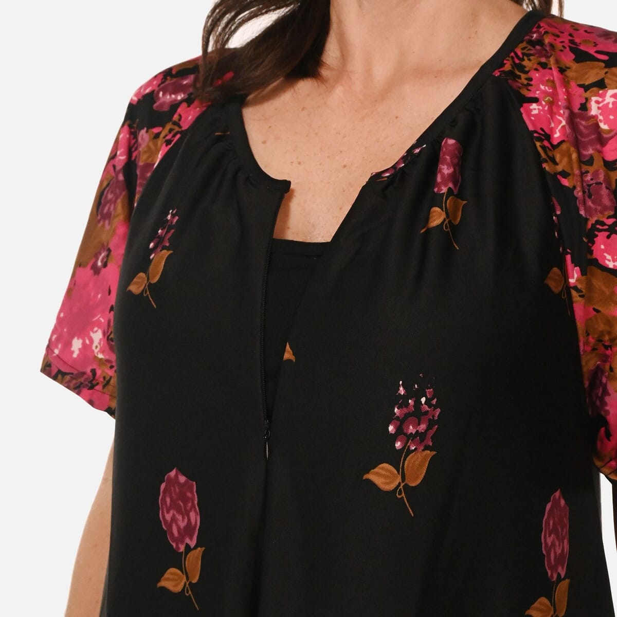 Easy Essentials Black Floral Knit Zip Front Lounge Dress - 3X image number 7