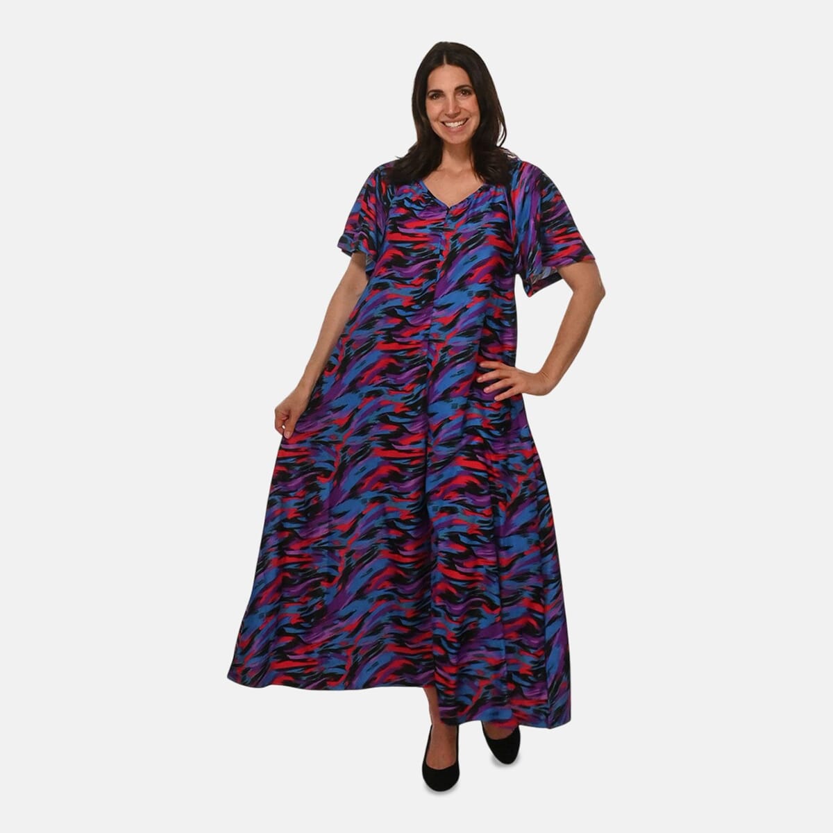 Easy Essentials Blue Art Knit Zip Front Lounge Dress - 1X image number 3