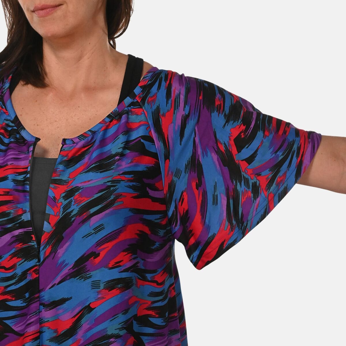 Easy Essentials Blue Art Knit Zip Front Lounge Dress - 1X image number 7