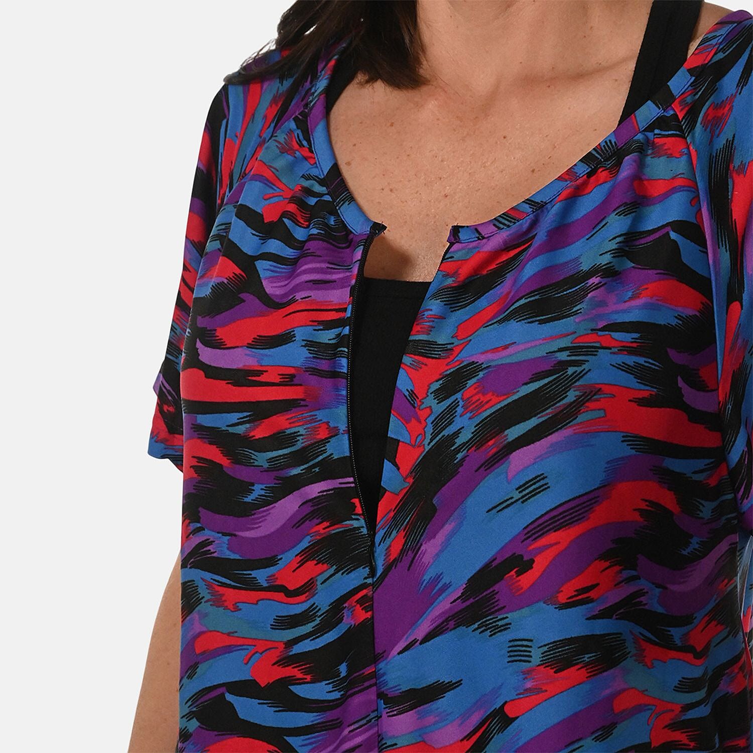 Buy Easy Essentials Blue Art Knit Zip Front Lounge Dress - 2X at ShopLC.