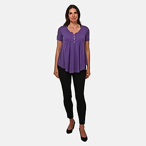 Plum Short Sleeve Knit Rouched Front Top with Buttons - L
