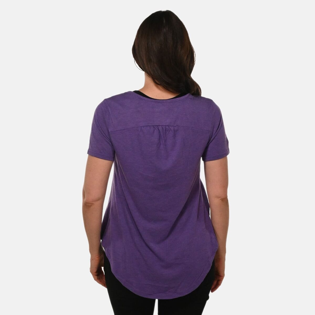 Plum Short Sleeve Knit Rouched Front Top with Buttons - L image number 1