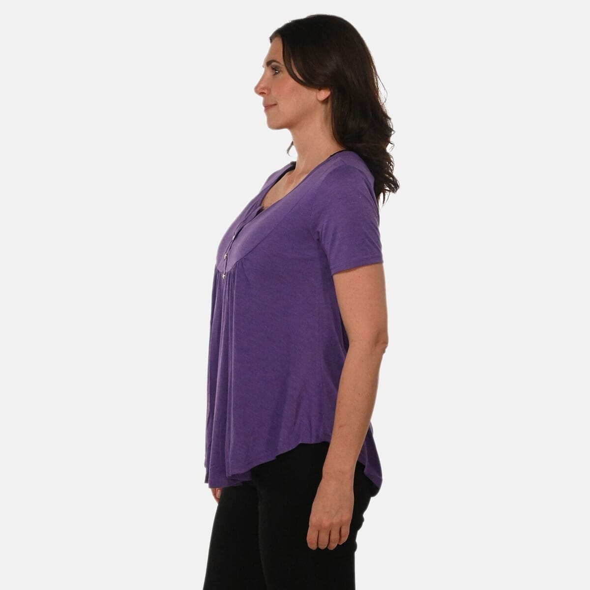 Plum Short Sleeve Knit Rouched Front Top with Buttons - L image number 2