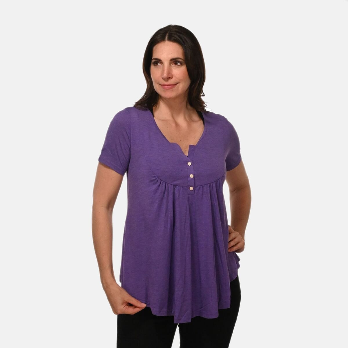 Plum Short Sleeve Knit Rouched Front Top with Buttons - L image number 3