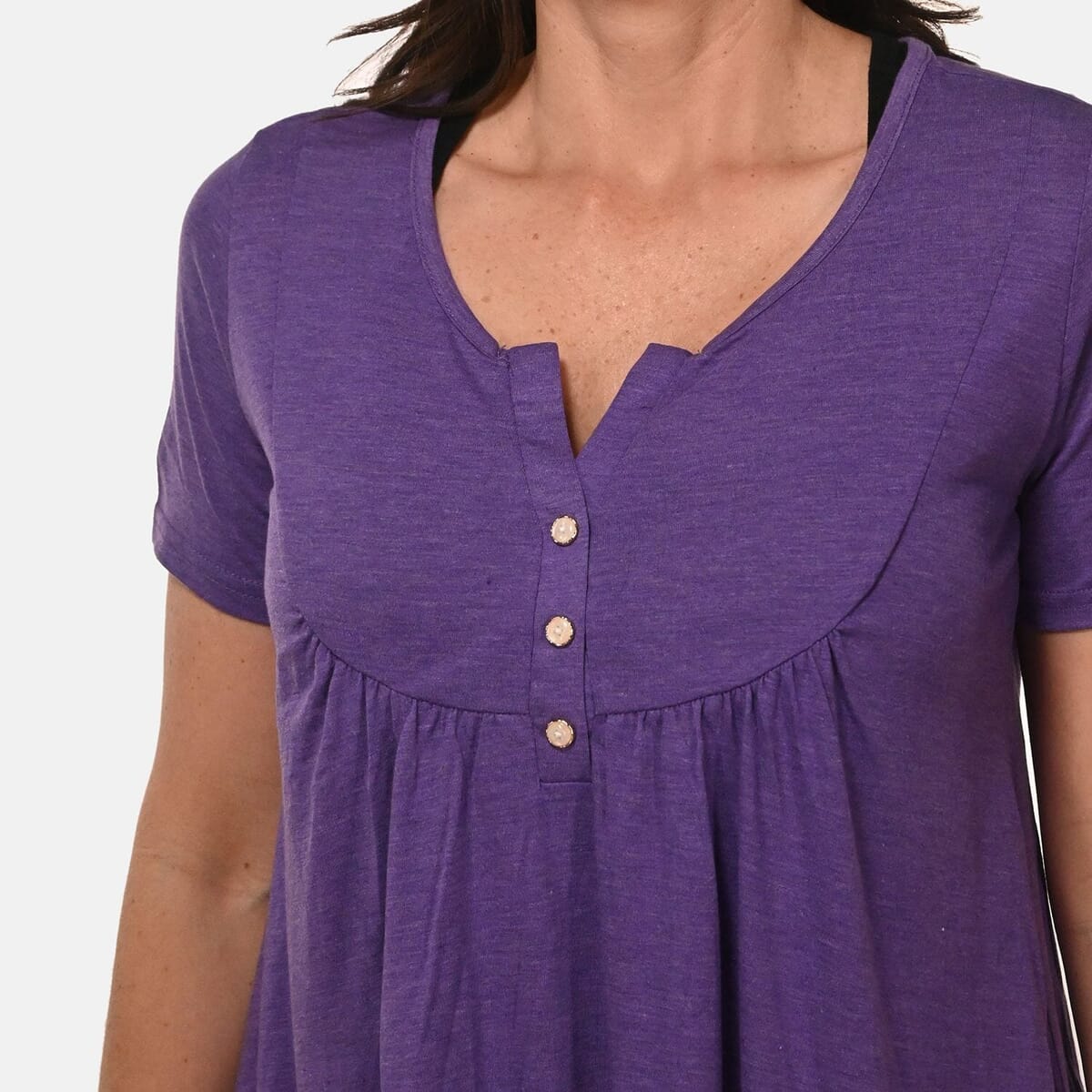 Plum Short Sleeve Knit Rouched Front Top with Buttons - M image number 4