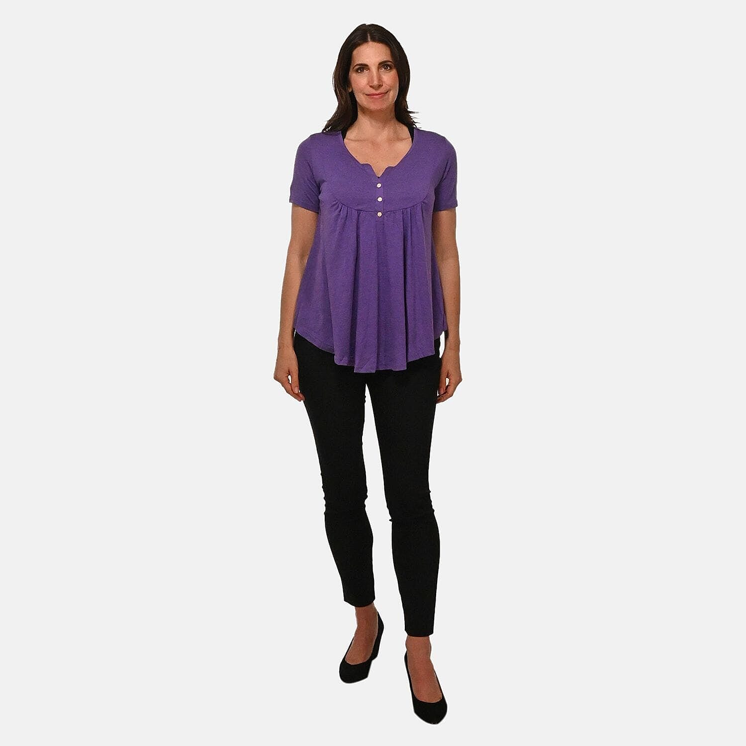 Plum Short Sleeve Knit Rouched Front Top with Buttons - 2X