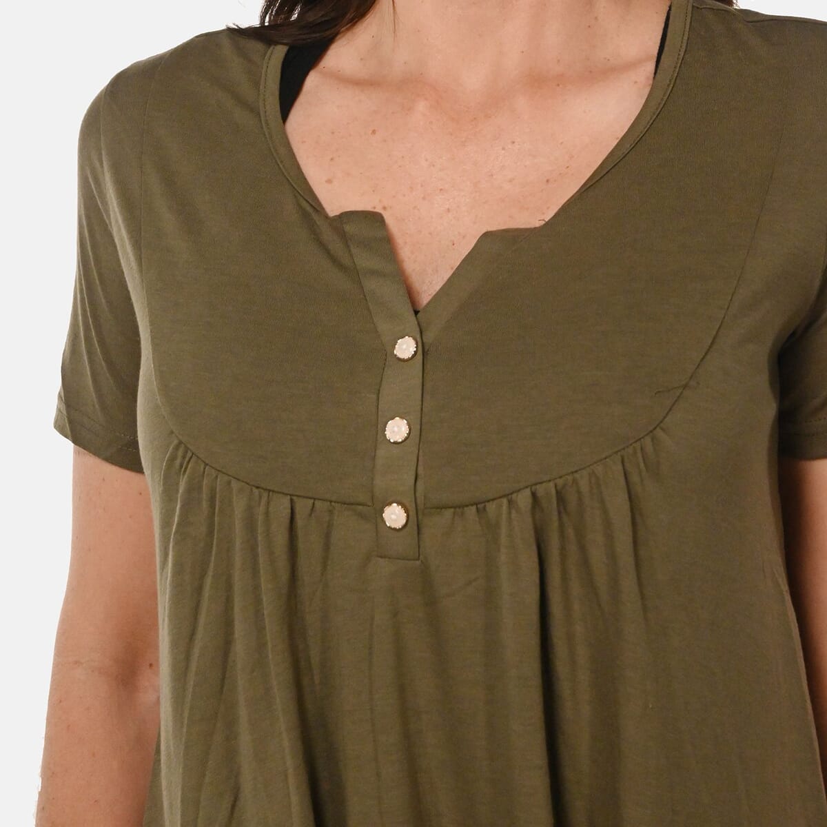 Olive Top Short Sleeve Knit Rouched Front Top with Buttons - 2X image number 4