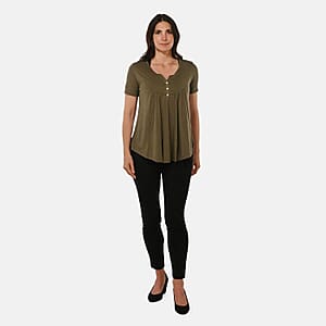 Olive Top Short Sleeve Knit Rouched Front Top with Buttons - 3X