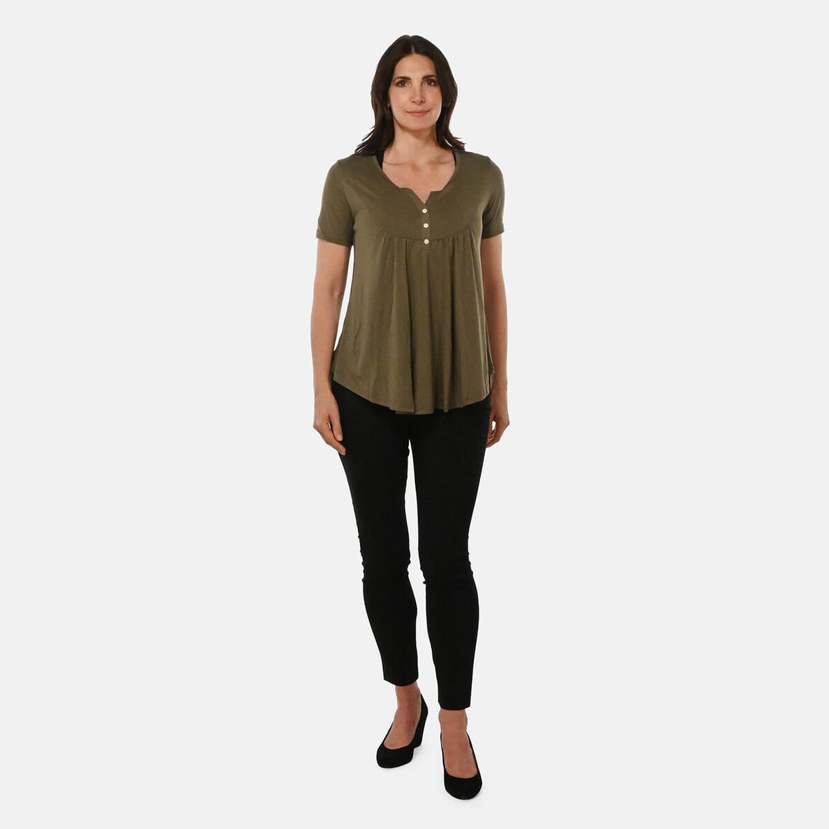 Olive Top Short Sleeve Knit Rouched Front Top with Buttons - 4X image number 0