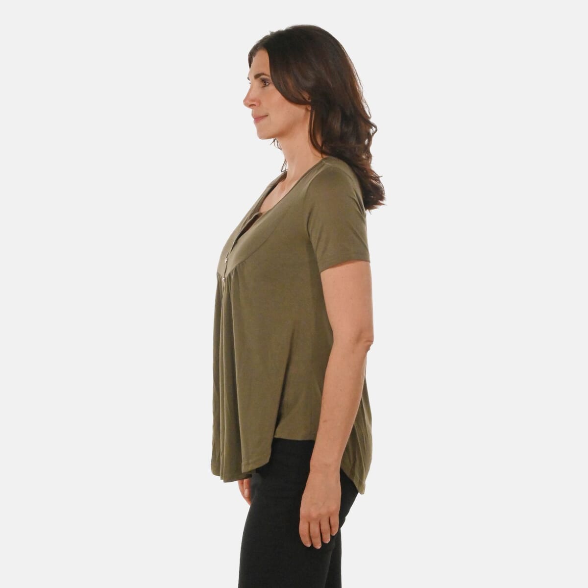 Olive Top Short Sleeve Knit Rouched Front Top with Buttons - 4X image number 2