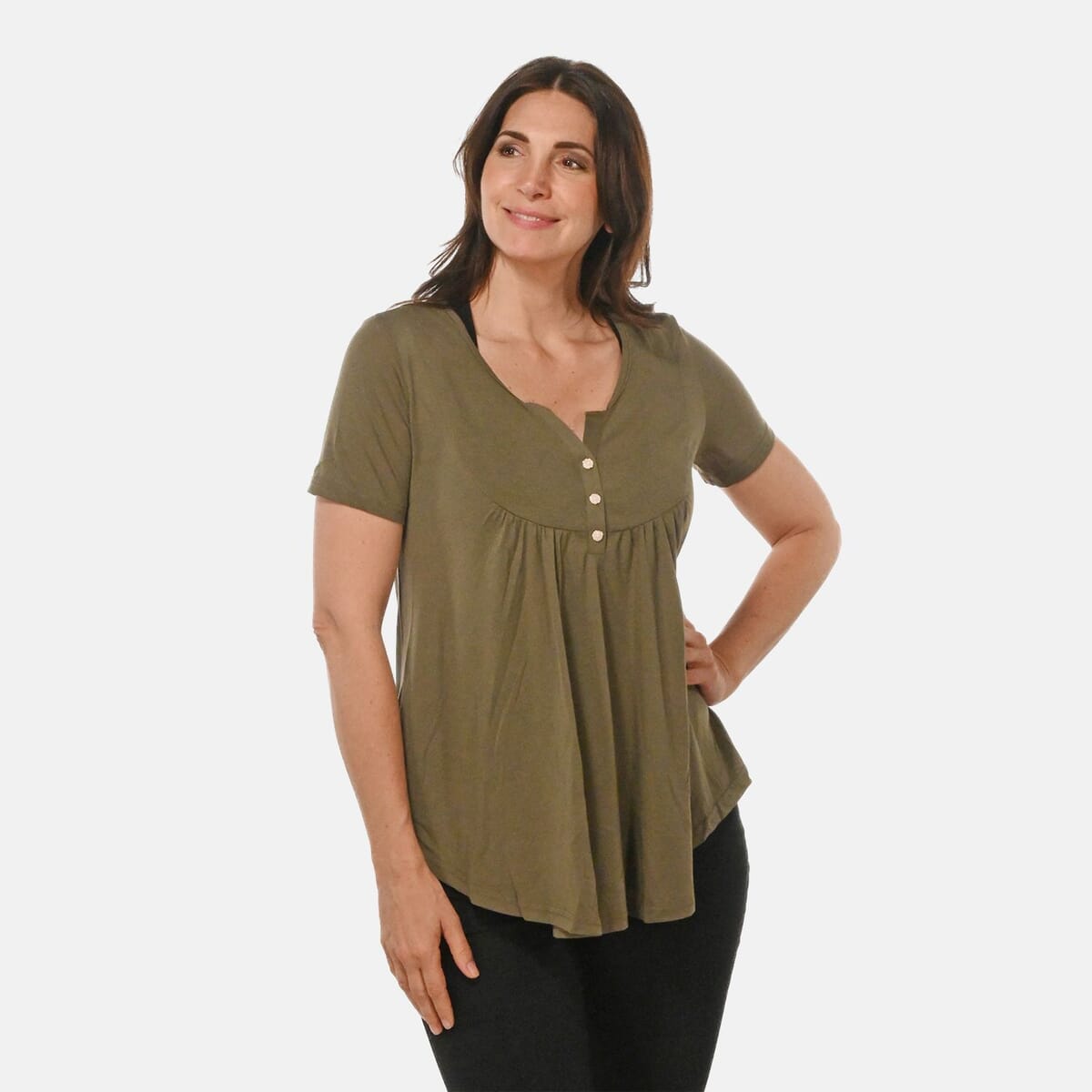 Olive Top Short Sleeve Knit Rouched Front Top with Buttons - 4X image number 3