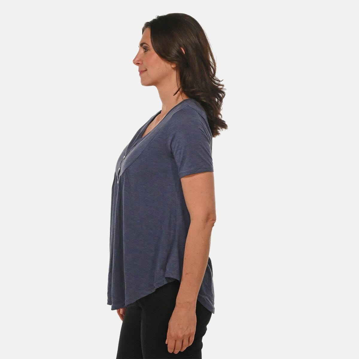 Mauve Short Sleeve Knit Rouched Front Top with Buttons - 3X image number 2