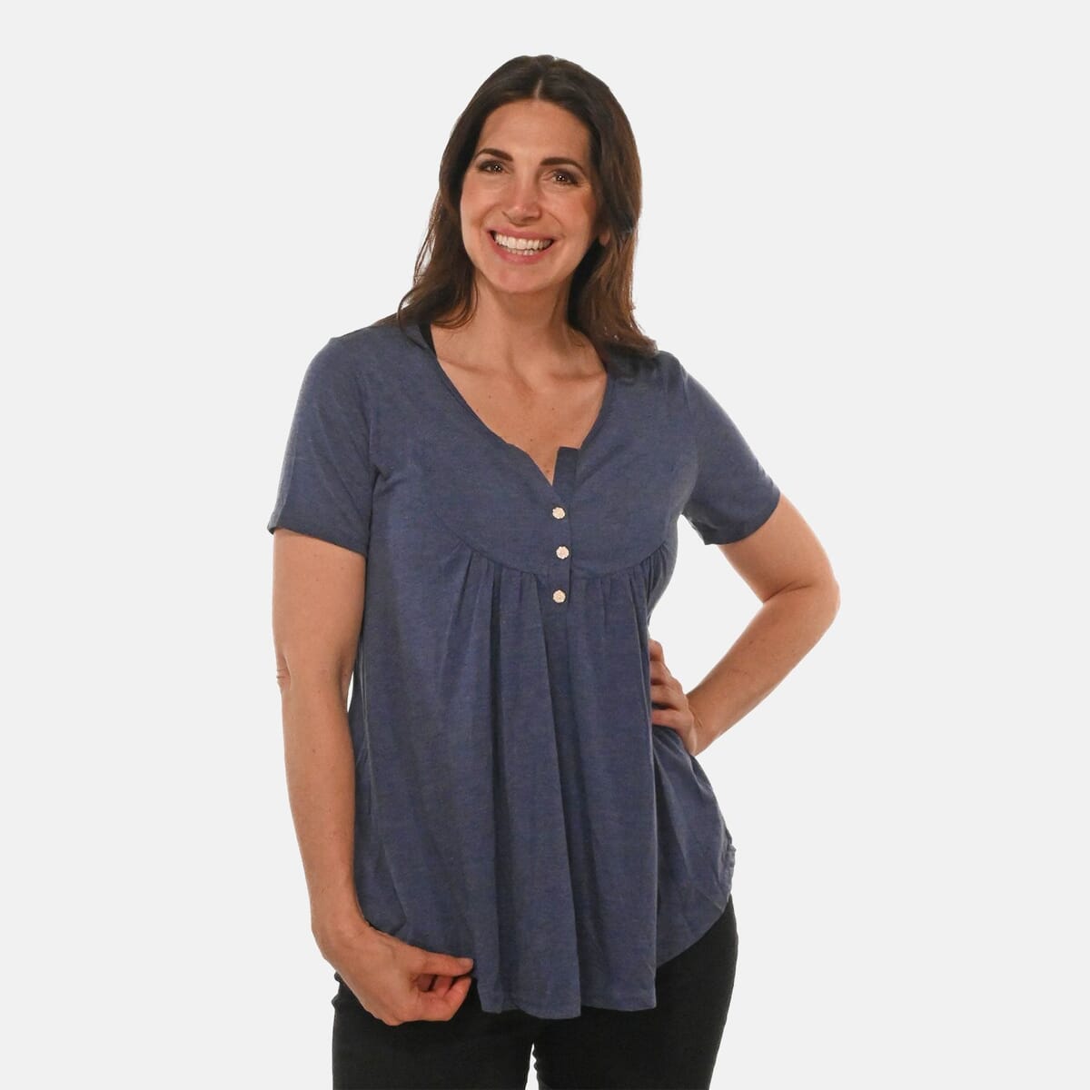 Mauve Short Sleeve Knit Rouched Front Top with Buttons - 3X image number 3