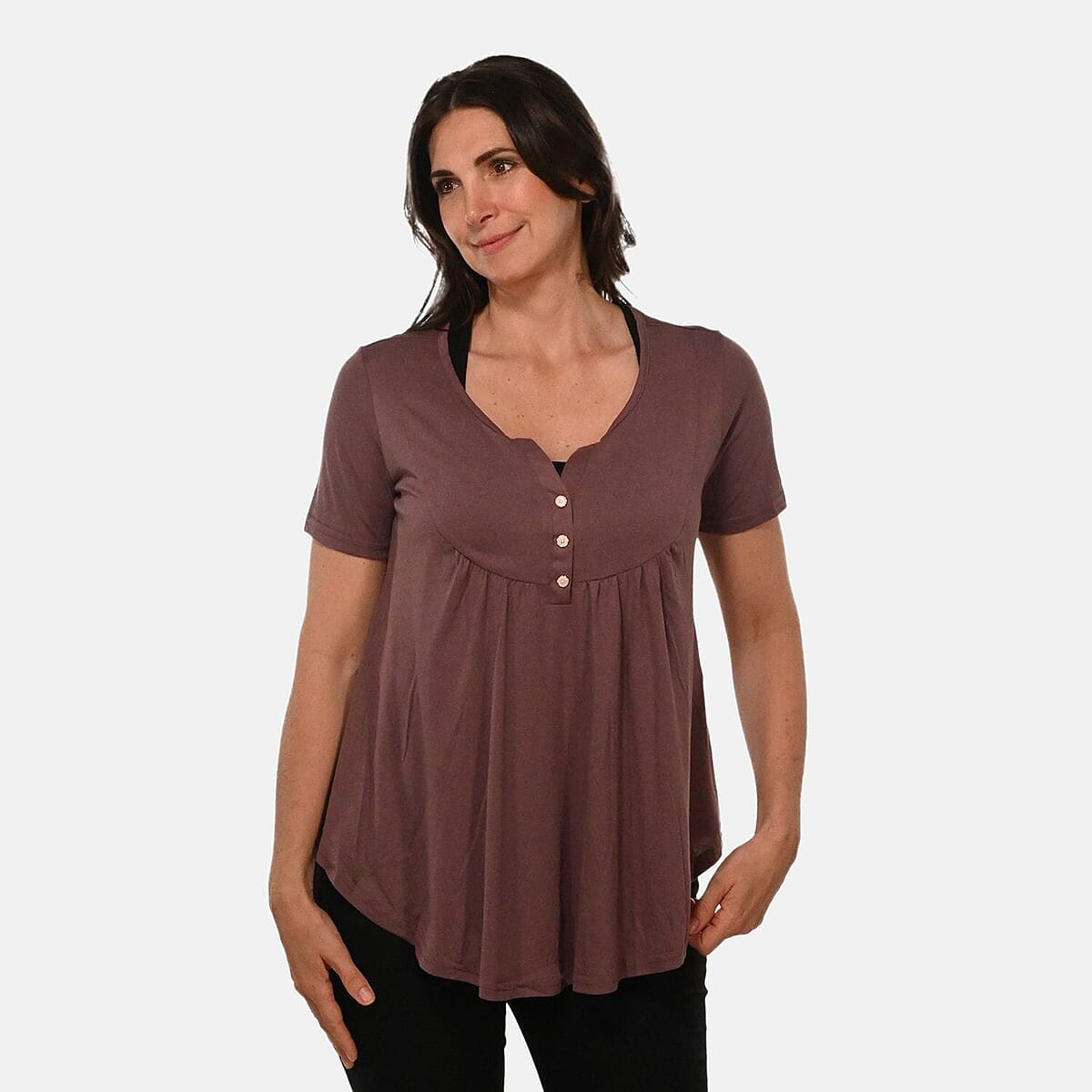 Mauve Short Sleeve Knit Rouched Front Top with Buttons - XL image number 3