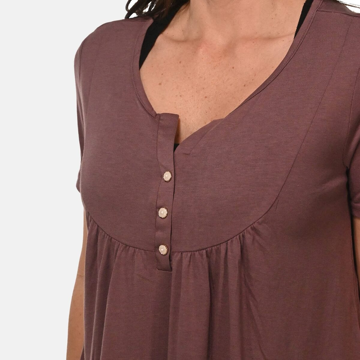 Mauve Short Sleeve Knit Rouched Front Top with Buttons - 2X image number 4