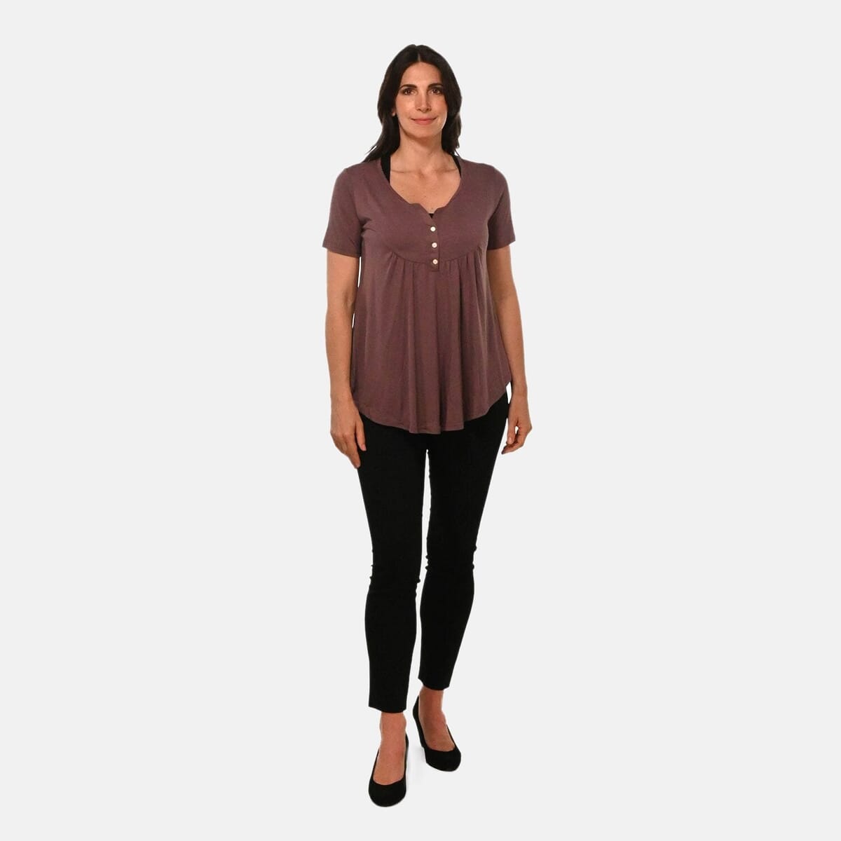 Mauve Short Sleeve Knit Rouched Front Top with Buttons - 3X image number 0