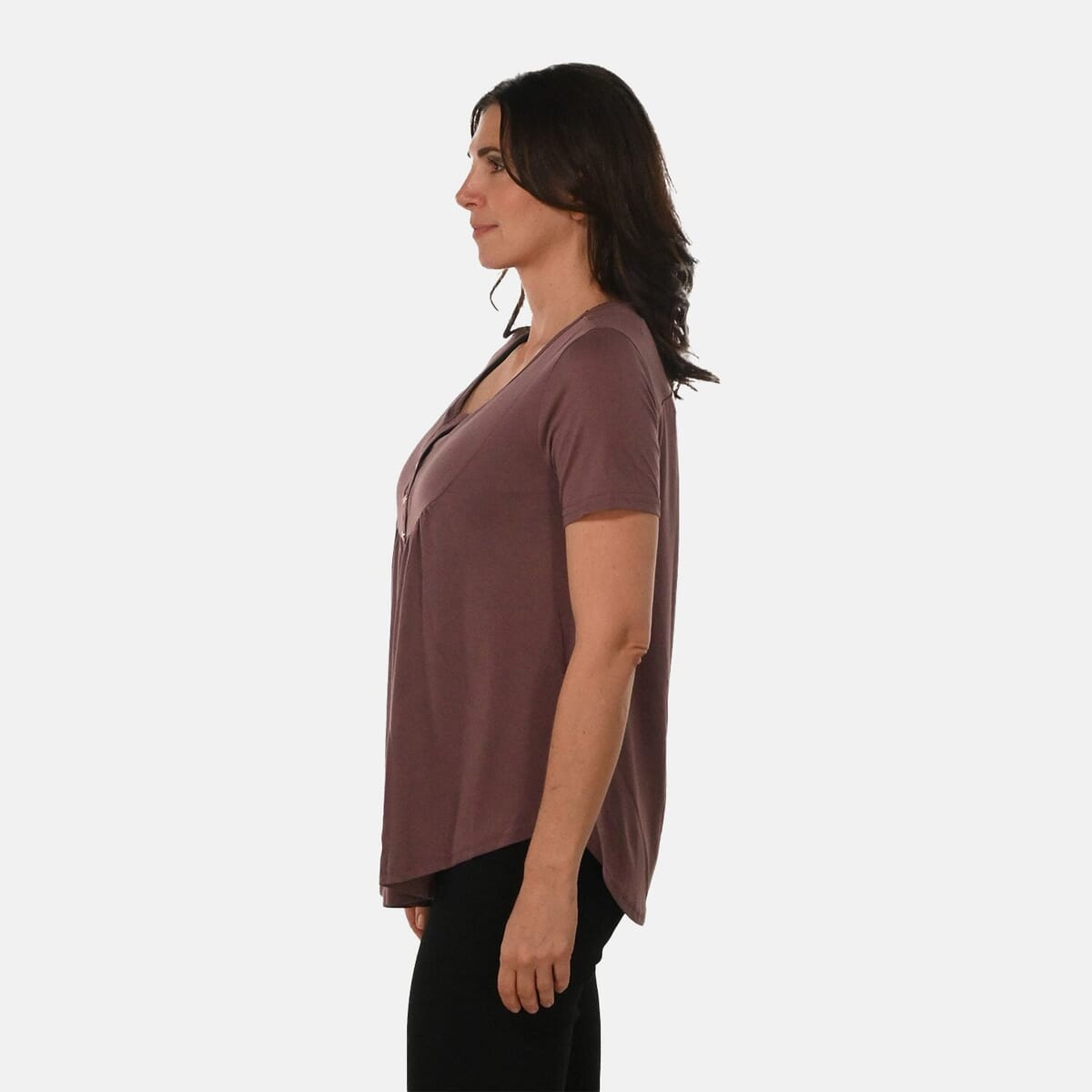 Mauve Short Sleeve Knit Rouched Front Top with Buttons - 3X image number 2