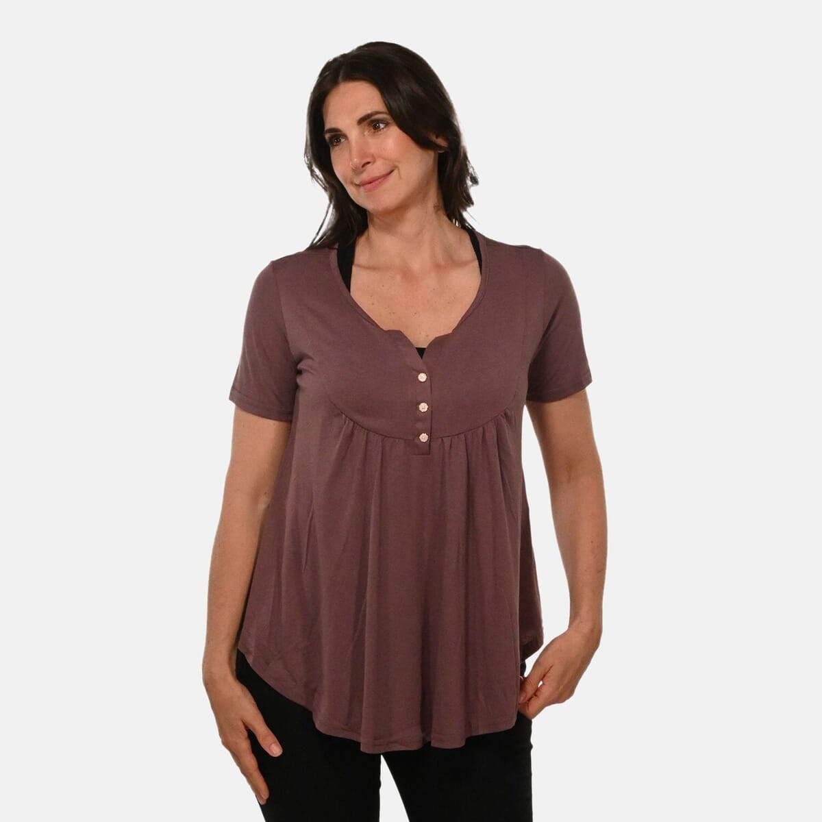 Mauve Short Sleeve Knit Rouched Front Top with Buttons - 3X image number 3
