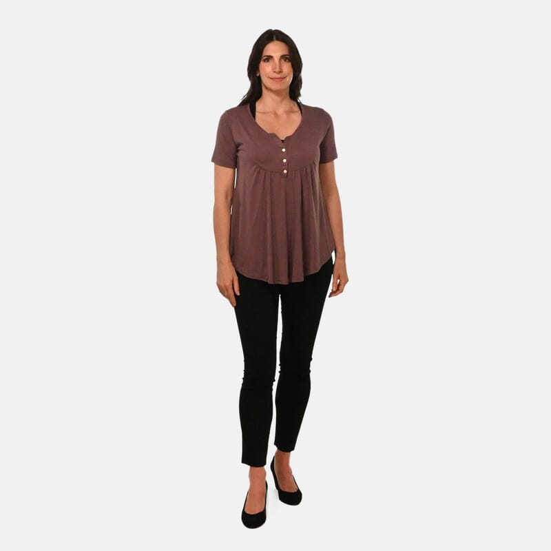 Mauve Short Sleeve Knit Rouched Front Top with Buttons - 4X