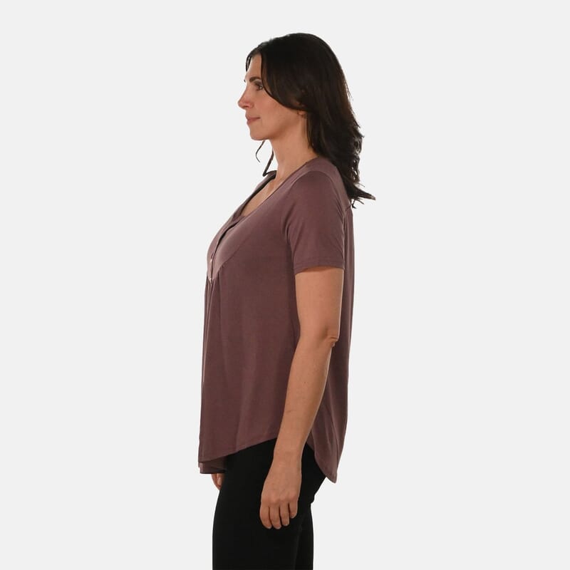 Mauve Short Sleeve Knit Rouched Front Top with Buttons - 4X