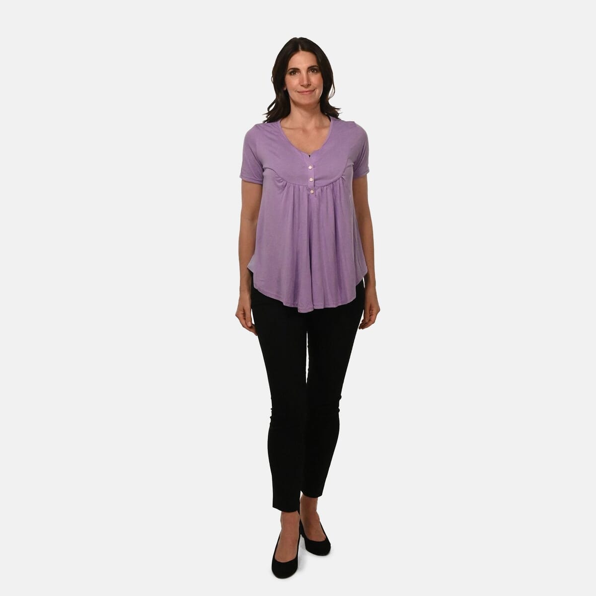 Lilac Short Sleeve Knit Rouched Front Top with Buttons - M image number 0