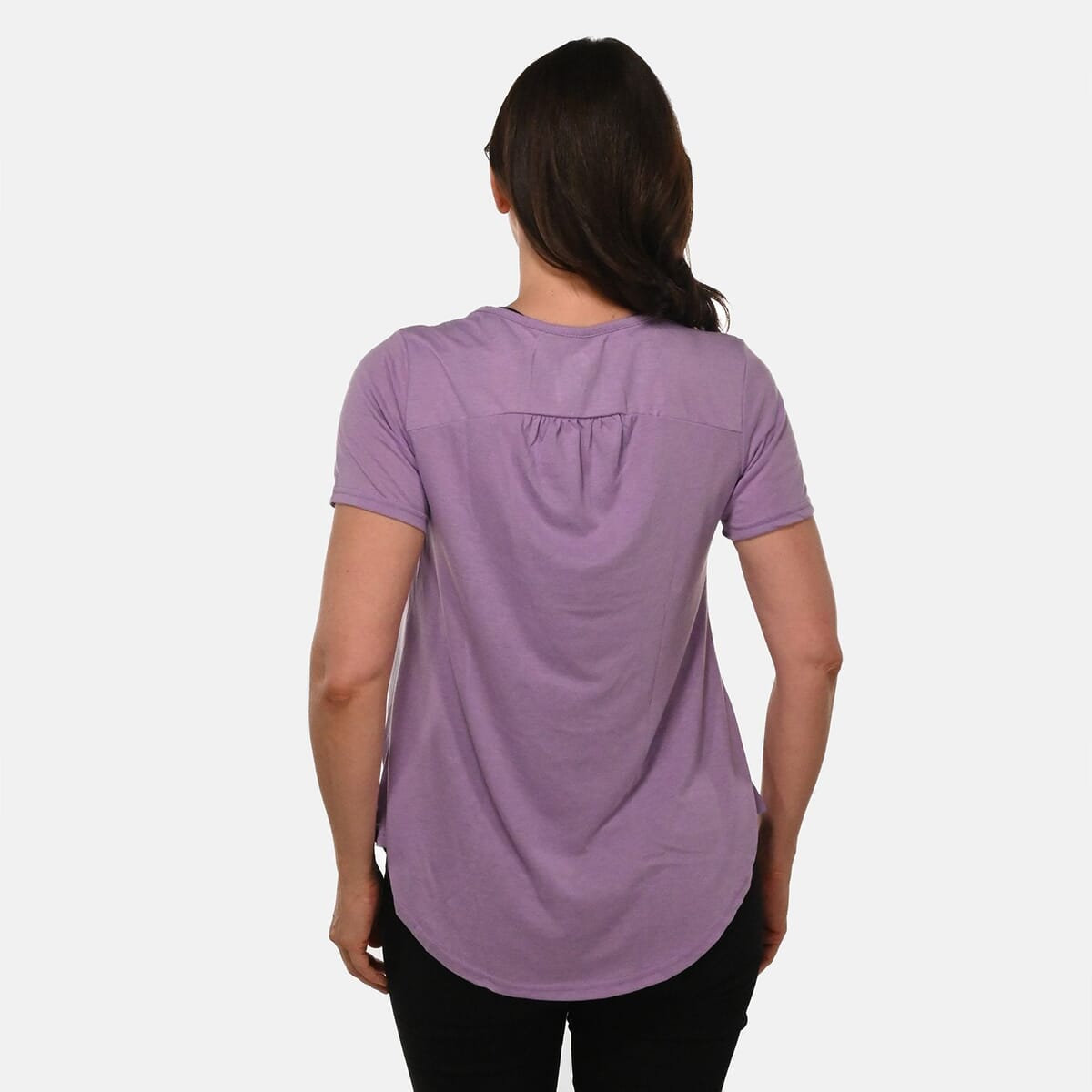 Lilac Short Sleeve Knit Rouched Front Top with Buttons - M image number 1