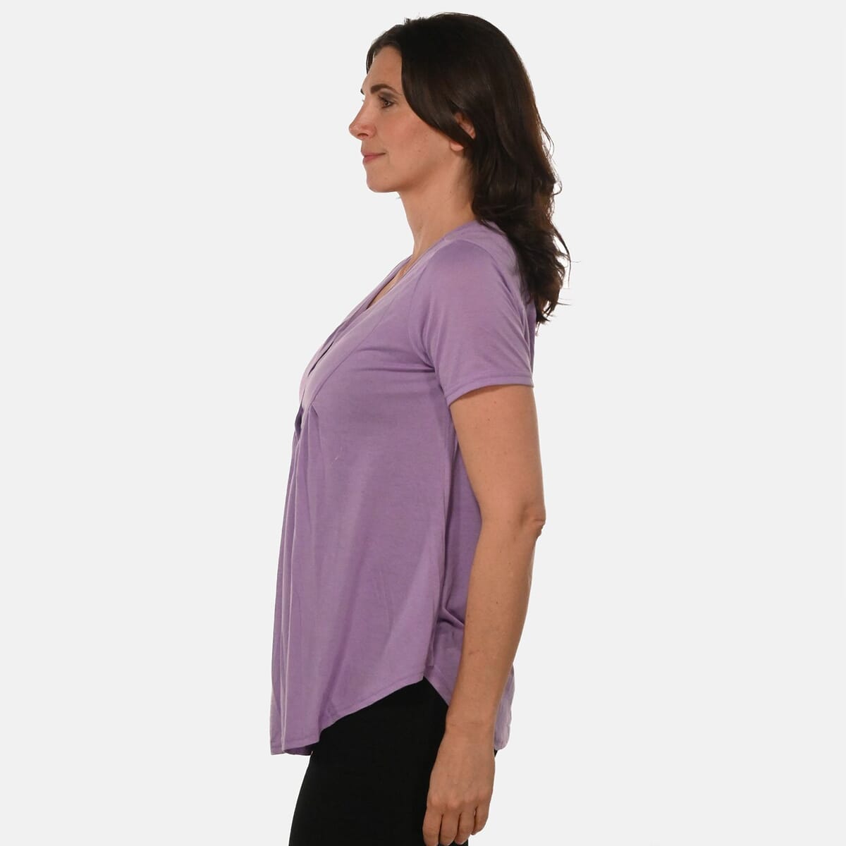Lilac Short Sleeve Knit Rouched Front Top with Buttons - M image number 2